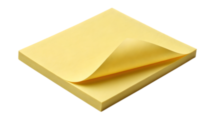 Close up shot of a stack of yellow sticky notes with one page being peeled back on transparent background