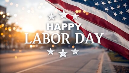 Patriotic Labor Day greeting with the American flag, bright sunlight and festive bokeh lights, a vibrant and symbolic tribute to the workforce
