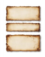 Aged, textured, antique paper banners.  Three rectangular vintage style labels