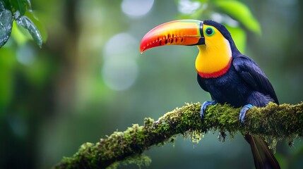 Obraz premium Vibrantly colored toucan perched on a mossy rainforest branch its massive beak glowing under soft jungle light ultra HD wildlife portrait