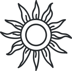 Black line art sun icon with stylized sun rays representing warmth and sunlight