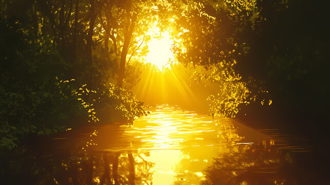 Finding inner peace in a serene jungle stream at sunrise, a silhouette of tranquility reflected in the golden water. Inner Jungle. Illustration