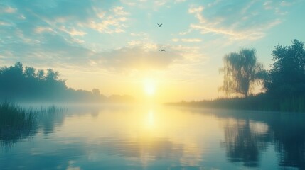 Fototapeta premium Misty sunrise river, birds flying, tranquil scene, nature poster