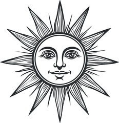 Black and white illustration of a sun with a human face and radiating rays symbolizing warmth and light