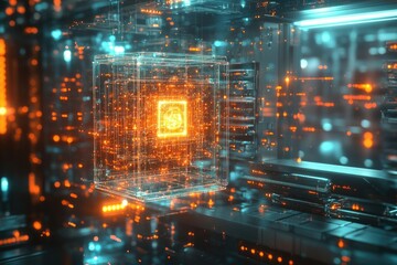 A glowing transparent cube representing data processing within a futuristic server room.