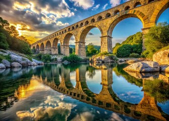 Fototapeta premium Ancient Roman Stone Arch Bridge Spanning Swift River, Reflection, Italy