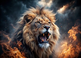Angry Roaring Lion, Fiery Surreal Portrait, Dark Background Stock Photo