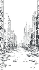 Black and white sketch of a deserted city street with ruined and destroyed buildings on both sides showing urban devastation