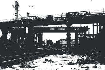 Obraz premium Black and white silhouette of an urban railway bridge with a train passing over elevated tracks and surrounding industrial structures.