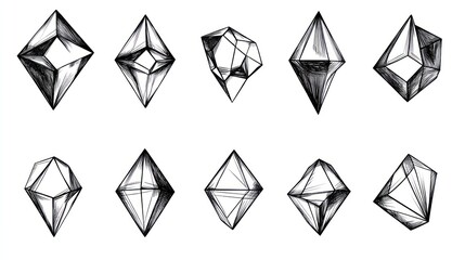 Geometric crystal sketches, design elements, white background, jewelry inspiration