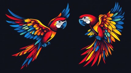 Two scarlet macaws in flight, dark background, tropical wildlife art