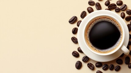 Fototapeta premium Overhead View of Coffee Cup and Roasted Beans on Beige Background