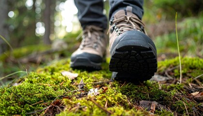 登山道を歩く足元に焦点を当てたクローズアップ。苔に覆われた道とトレッキングシューズが織りなす自然の一瞬を捉えたリアルな質感。

