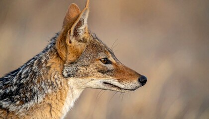 Fototapeta premium 夕暮れ時、サバンナでジャッカルの横顔を捉えた一瞬。静かな野性と鋭い目つきが表現された美しい構図。