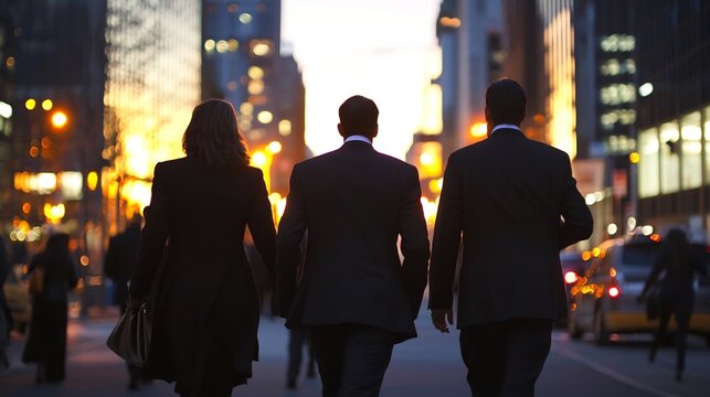 Business People Walking Down City Street at Sunset