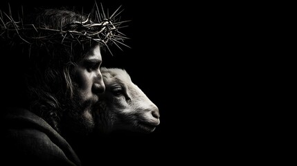 The Good Shepherd:  A powerful black and white portrait of a bearded man with a crown of thorns, holding a young lamb close to his face, representing the Christian faith and the sacrifice of Jesus.