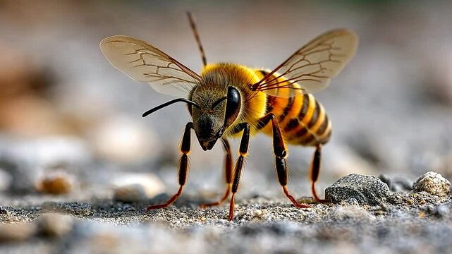 Striking bee, detailed wings & striped body on textured ground