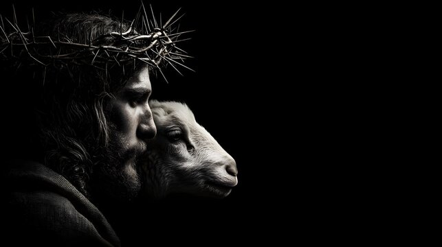 The Good Shepherd:  A powerful black and white portrait of a bearded man with a crown of thorns, holding a young lamb close to his face, representing the Christian faith and the sacrifice of Jesus.