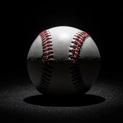 マットなブラック背景にひとつだけ置かれた野球ボール。光の中で輝くシンプルな美しさと高級感が際立つ瞬間

