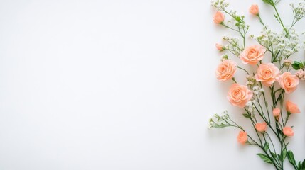 Delicate peach and white roses arranged in a minimalist composition against a clean white background, soft and elegant floral arrangement, and side view.