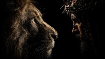 Lion and the Messiah: The lion of Judah confronts the Messiah. The majestic lion, a symbol of power and courage, stands face-to-face with the Messiah, a figure of faith, and sacrifice. © Anca