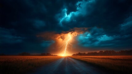 Obraz premium A stunning lightning bolt illuminates the sky above a serene field and a path at dusk.