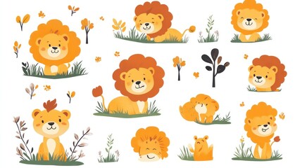 Fototapeta premium Cute lion cubs in grass with leaves around, playful for kids books