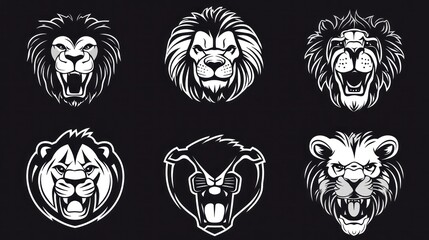 Obraz premium Six lion and badger heads; wildlife graphic; dark background; logo design