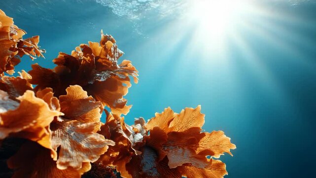 Sunlight streams through turquoise sea illuminating vibrant brown kelp swaying gently underwater, creating a serene aquatic seascape with rich texture