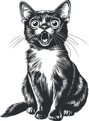 Black and white illustration of a surprised sitting kitten with open mouth and expressive eyes