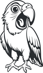 Cartoon illustration of a cute parrot bird with open beak and detailed feathers in black and white