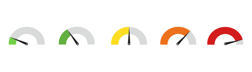 Colorful speedometer icons set. Tachometer, five colored gauges showing varying levels from low to high in a minimalistic  Vector design