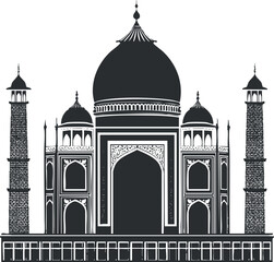 Black and white vector illustration of a famous historic monument with domes and minarets