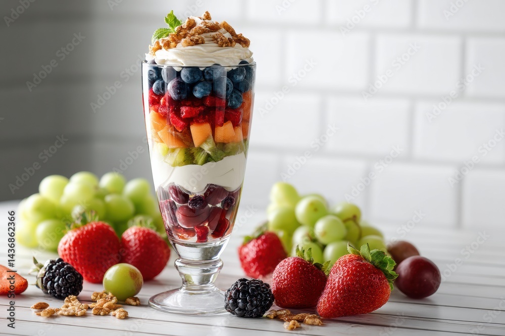 Poster delicious layered parfait with vibrant fruits and cream served on a white tabletop in a bright setti
