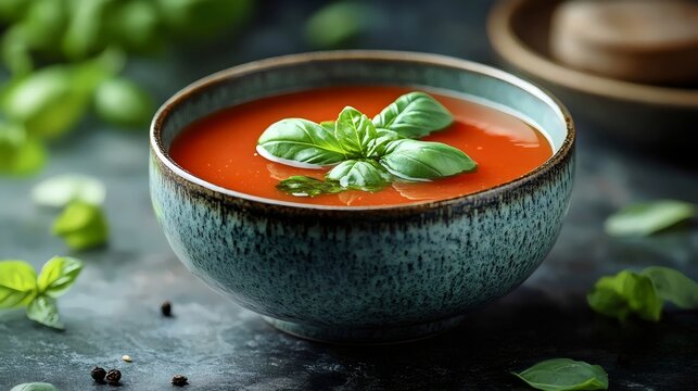 A vibrant bowl of homemade tomato soup, garnished with fresh basil, ready to enjoy.