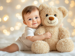 Adorable Baby Hugging a Giant Teddy Bear with Soft Pastel Background