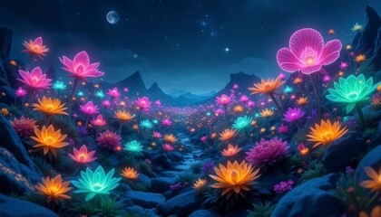 Fototapeta premium Glowing Flowers Blooming at Night with Mountain Landscape