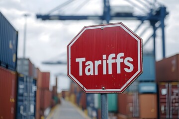 Tariffs Sign at Port: A striking stop sign displaying the word "Tariffs" stands prominently against the backdrop of a bustling port, illustrating the intricacies of global trade.