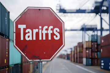 Obraz premium Tariffs Sign at Container Port: A striking stop sign boldly displays the word 