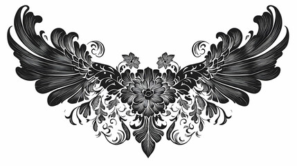 Elegant black and white decorative wings design with ornate floral details.