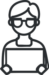 Black and white line drawing of a person wearing glasses holding a blank sign or board