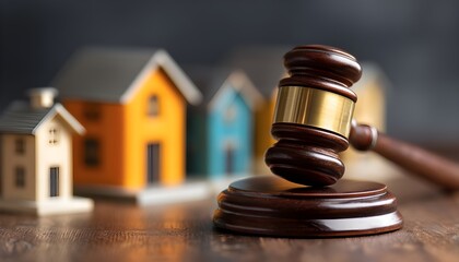 Gavel and Miniature Houses: A wooden gavel resting on a wooden surface, its golden band gleaming. In the blurred background, several miniature houses stand in a row.