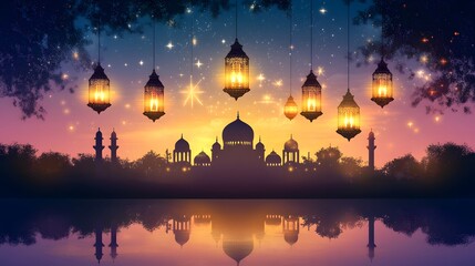 Obraz premium Serene Islamic landscape featuring mosque silhouette at dusk with glowing lanterns reflected on water surface under a starry night sky