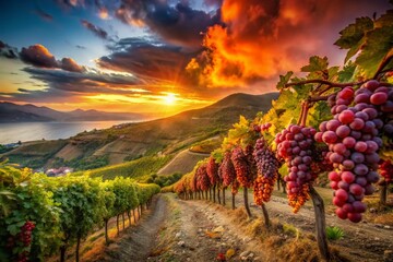 Naklejka premium Calabrian Vineyard Harvest at Dusk: Low Light Ciro Marina Wine Grapes