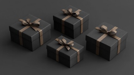 Fototapeta premium Elegant Black Gift Boxes with Gold Ribbons on Dark Background