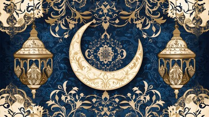 Beautiful Decorative Illustration Gold Crescent Moon Arabic Lanterns on Textured Blue Floral Pattern Background for Islamic Celebrations