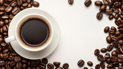 Obraz premium Overhead View of Espresso in White Cup with Coffee Beans