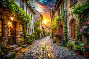 Fototapeta premium Charming Cobblestone Street in Picturesque Village - Double Exposure Photography