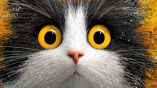 Wide-eyed cat black, white, and orange fur, against a bright yellow backdrop