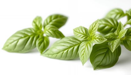 Fototapeta premium Bright Green Basil Leaves Isolated On White Screen Background In Macro Shot Perfect For Culinary Design Or Ingredient Showcase